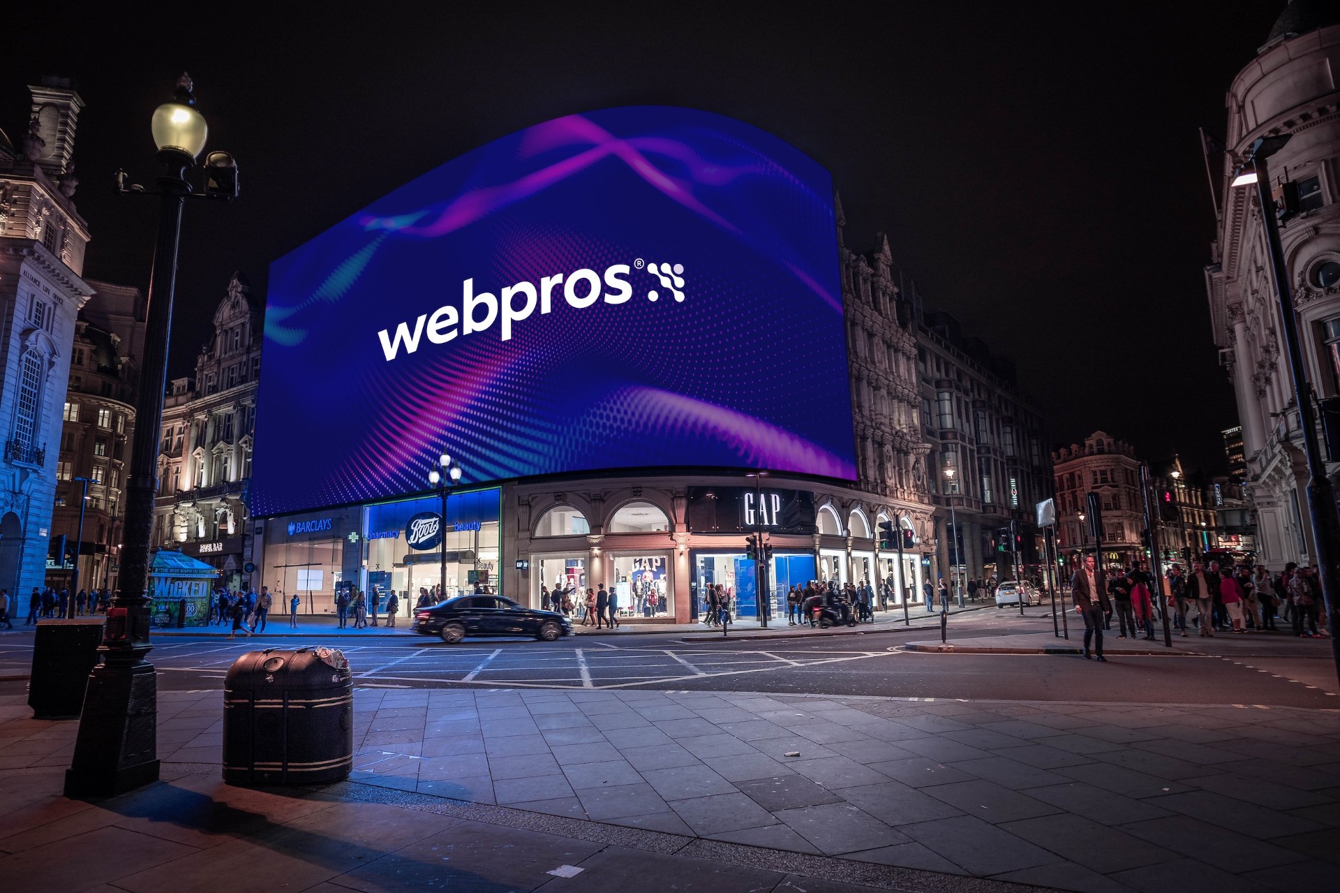 WebPros brand on the Piccadilly Circus billboard in London at night